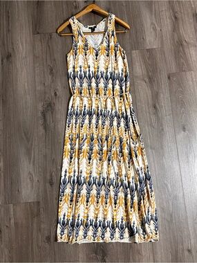 H&M Cream Blue and Yellow Cotton Sleeveless Maxi Dress Tie Waist